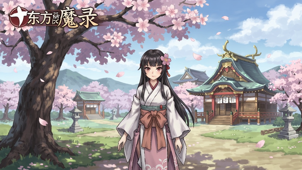东方幻想魔录游戏主界面,角色站立在樱花树下,背景是幻想乡的经典建筑,画面色彩柔和,充满日式幻想风格