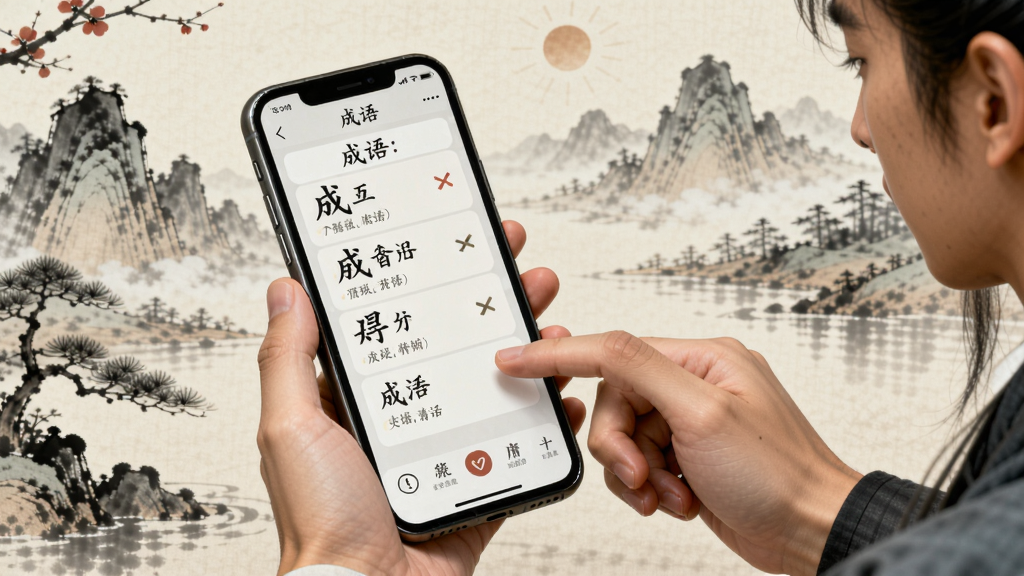 一个古风画面,玩家正在手机上解答成语题目,背景有山水绘图