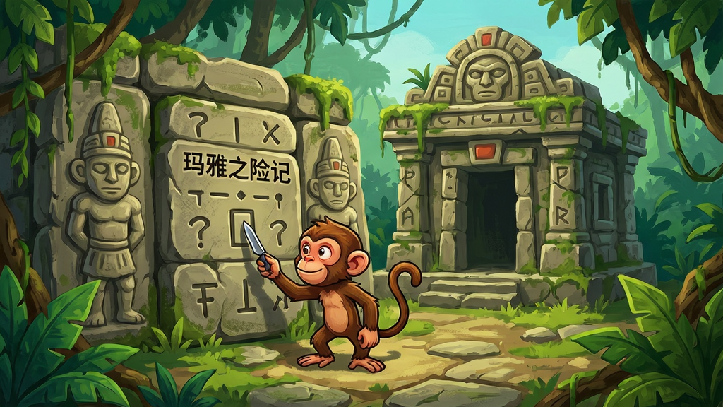 怪猴历险记之玛雅之谜游戏场景,古老石刻和绿植装点,小猴子站在建筑前解谜