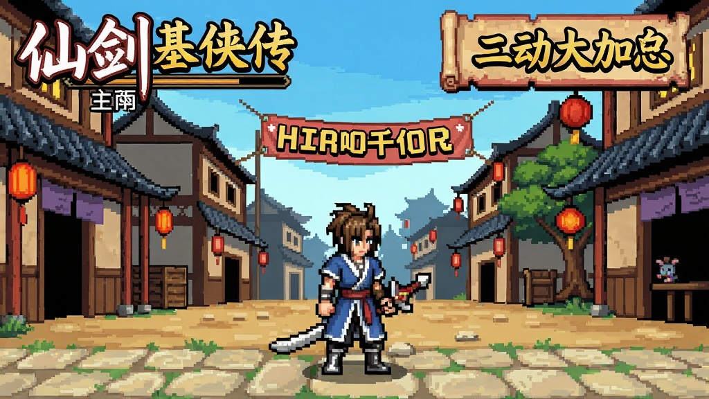 仙剑基侠传游戏主界面,像素风格,主角站在古风城镇中,背景有搞笑标语
