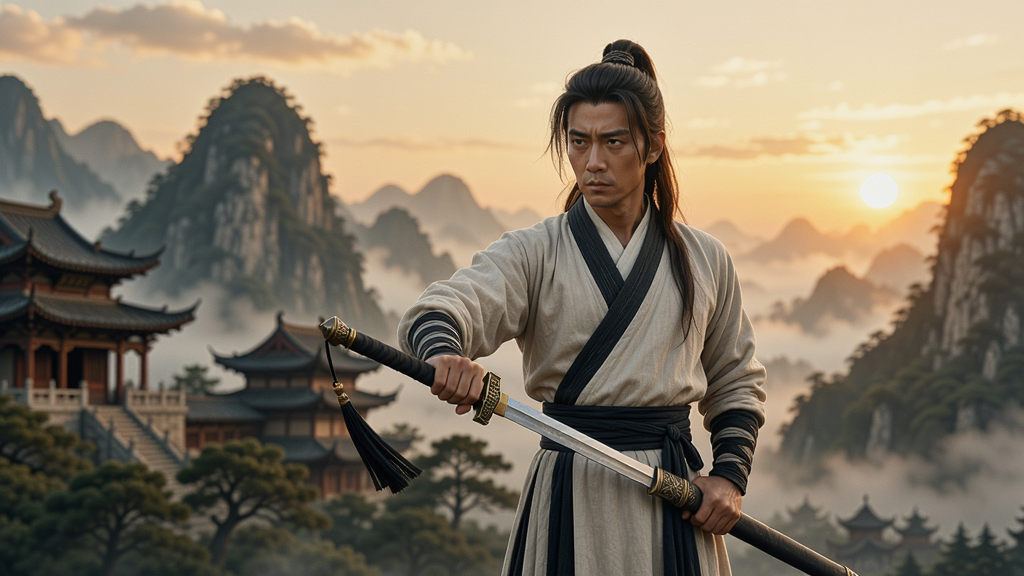 一位武侠侠客站在山水之间,手持长剑,背景是古风建筑和夕阳