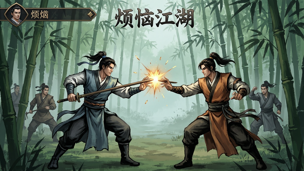 烦恼江湖游戏场景,古风武侠人物在竹林中对决