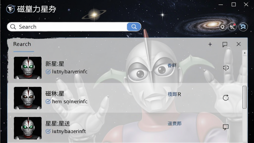 磁力星人软件界面截图,显示搜索框和搜索结果列表,背景为眷色空间,元素精致