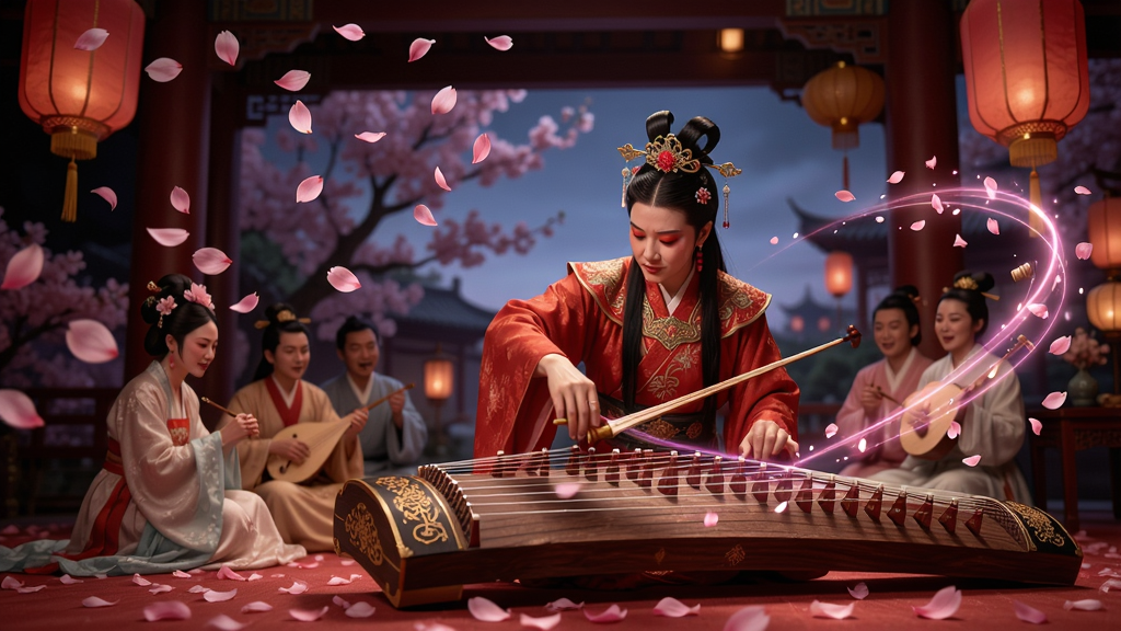 东方百花宴戏剧画面,粉色花瓣飞舞与弦弹特效交织