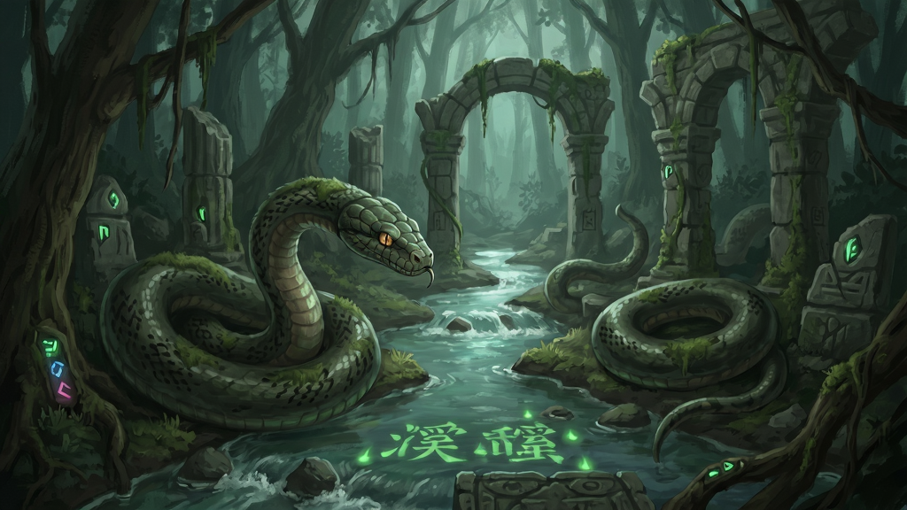 巨蛇溪的秘密游戏场景,神秘溪流与古老遗迹
