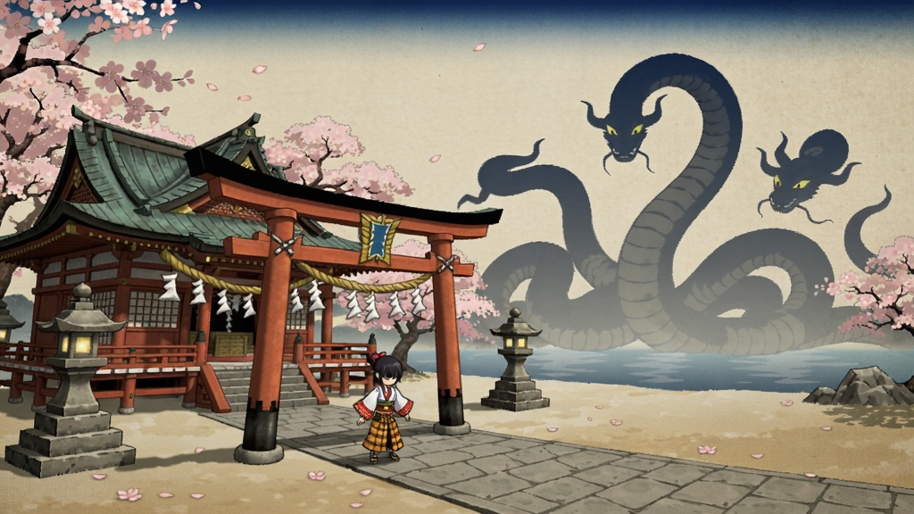 诸神的大地游戏场景,浮世绘风格的神社与樱花树,玩家角色站在鸟居前,远处有巨大的八岐大蛇剪影