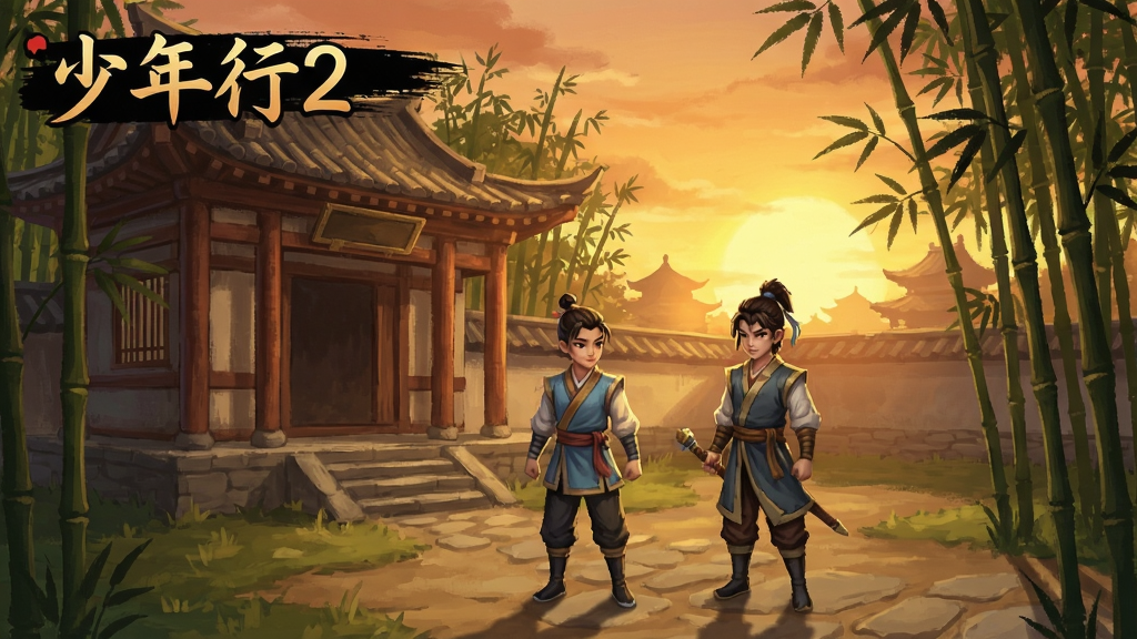 少年行2游戏主界面,古风建筑与角色站立,夕阳下的竹林场景