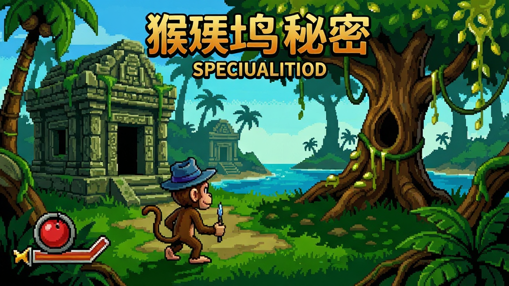 猴岛秘密特别版游戏场景,小猴子在神秘岛屿上探索古老建筑和蜜林