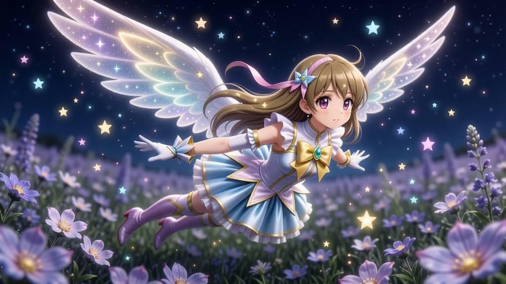 魔法少女葵在紫色花海中展开双翼飞行,周围是浮动的光点和星辰