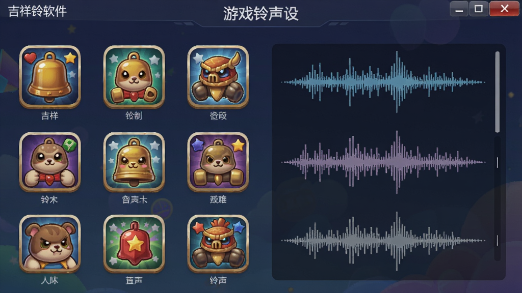 吉祥铃软件界面展示,游戏铃声设置主界面,有各种游戏图标和音频波形