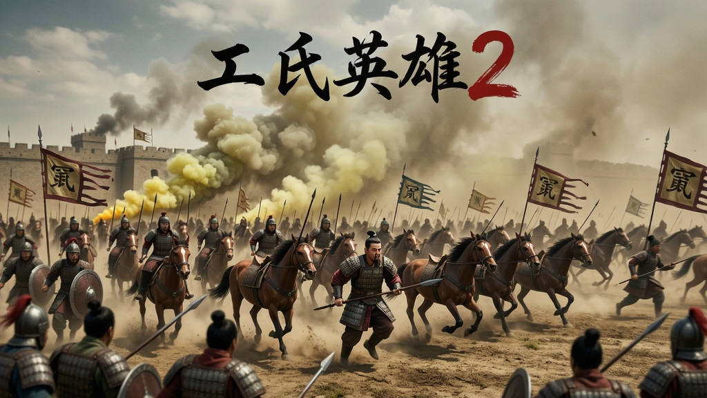 乱世英雄2三国战场宏大战争场景,千军万马冲锋,硫烟弥漫,写实风格