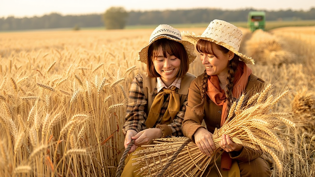 秋姐妹在金色麦田里收获的温馨场景