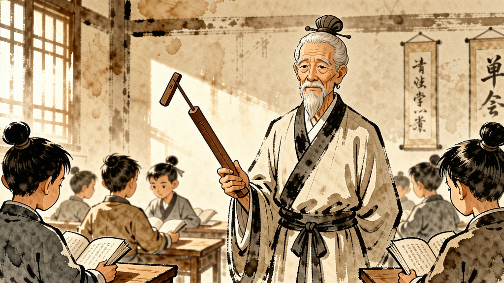 一位古代先生手持戒尺站在私塾中,周围是正在认真读书的弟子,画面古风水墨风格,温暖色调