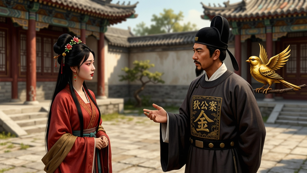 狄公案之金丝雀游戏中的古代庭院场景,狄仁杰正在与一位红衣女子说话,身后是一只金色的小雀