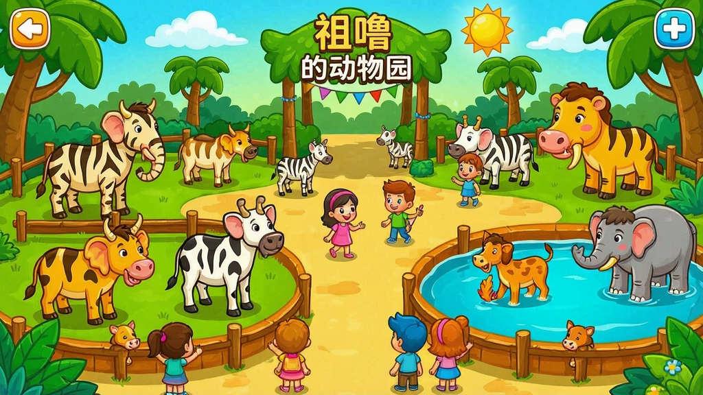 祖噜的动物园游戏截图,展示一个色彩鲜艳的动物园场景,有各种动物和游客在观赏