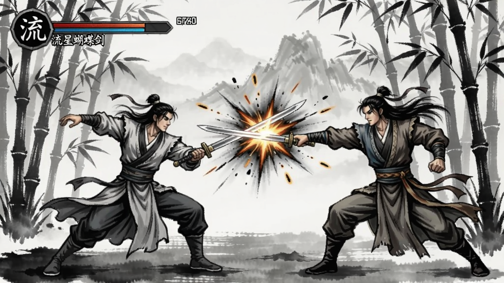 流星蝴蝶剑后传游戏截图展示两名侠客在竹林中对决,刀光剑影特效,水墨风格背景