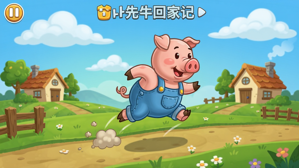 猪先生回家记游戏场景,猪先生在乡间小路上跳跃,背景有蓝天白云和房屋