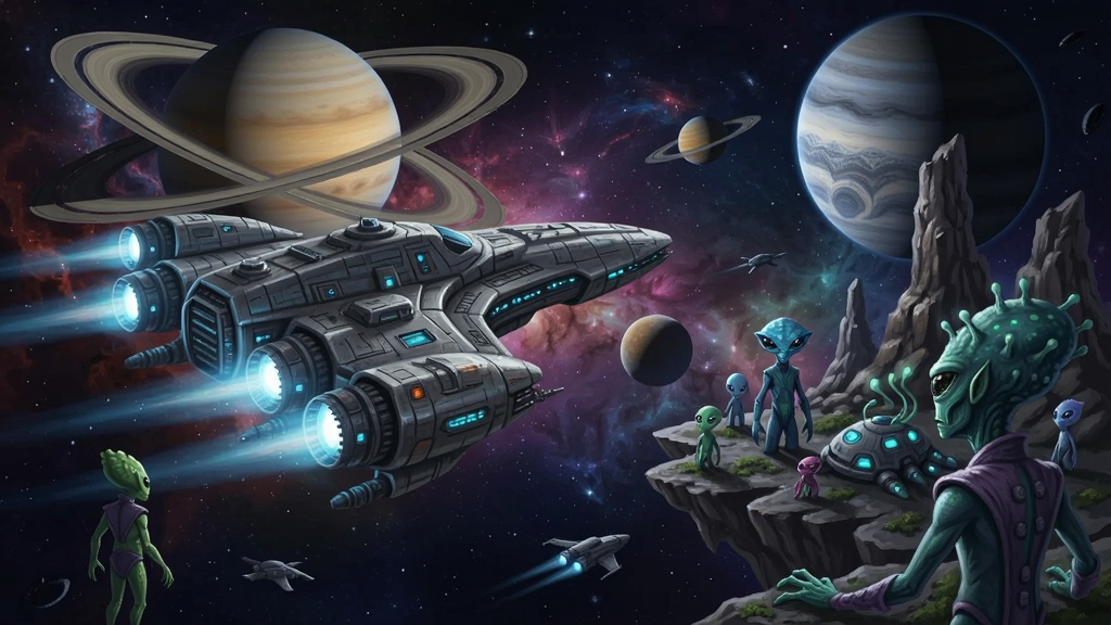 科幻宇宙星空下的星际飞船与外星文明场景