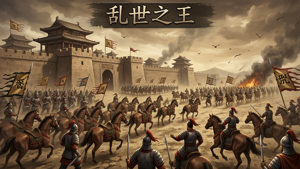 乱世之王游戏画面,古代城池战争场景,千军万马冲锋