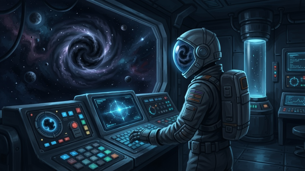 暗物质游戏中主角在神秘的太空实验室里面对复杂的控制面板,周围闪烁着幽蓝色的光芒