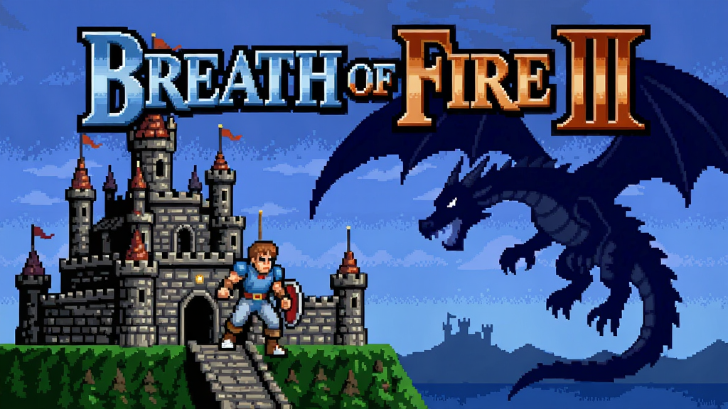 龙战士3游戏主菜单界面,像素风格,标题Breath of Fire III,背景是城堡和龙影