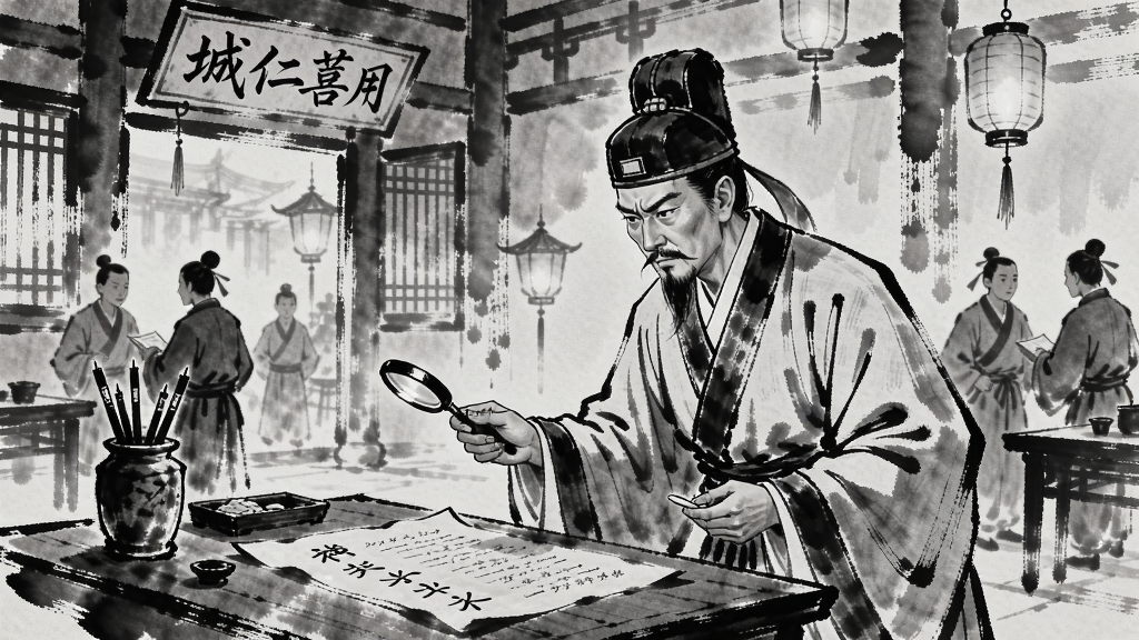 狄仁杰在城隍庙内调查线索的场景,水墨风格,古代神探