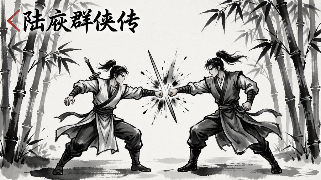 陆丰群侠传游戏场景,水墨风格,少侠在竹林中对决