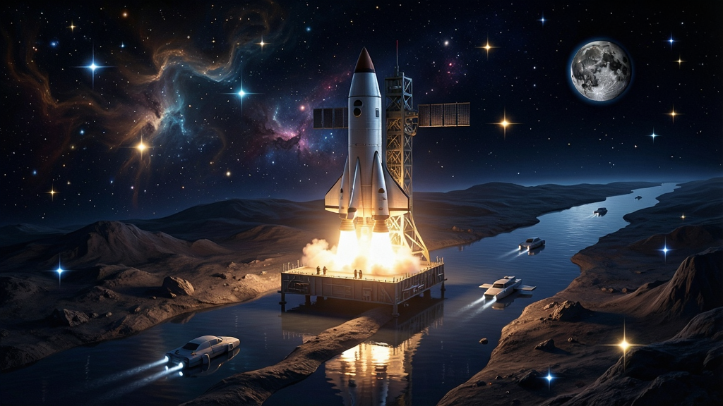 太空飞船在星尘等待发射的场景,周围浮着小星星和运河