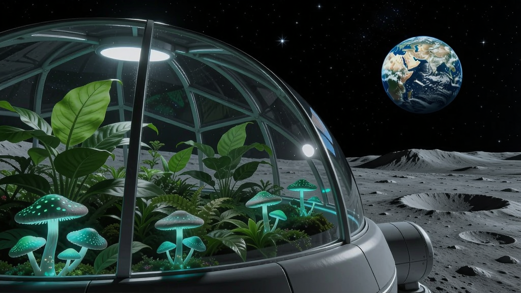 月球表面一座玻璃穹顶基地内,绿色植物与发光蘑菇交错生长,远处地球悬挂在漆黑的星空