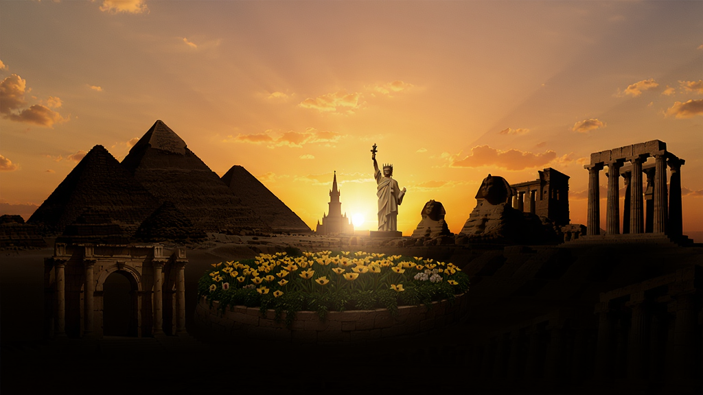 古代七大奇迹的壮丽全景,金字塔、空中花园等建筑在夕阳下的剪影