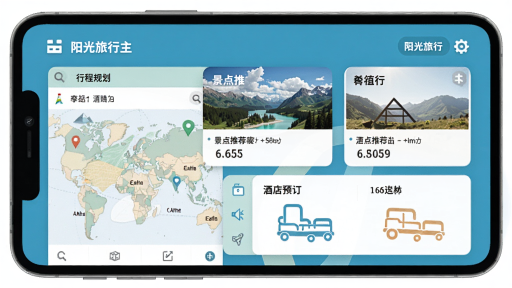 阳光旅行主界面展示,包含行程规划、景点推荐、酒店预订等模块的截图