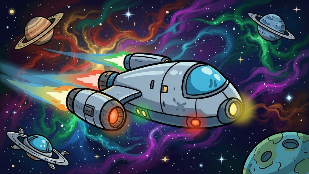 太空运输船在星云中航行的场景,彩色卡通风格,飞船灯光闪烁
