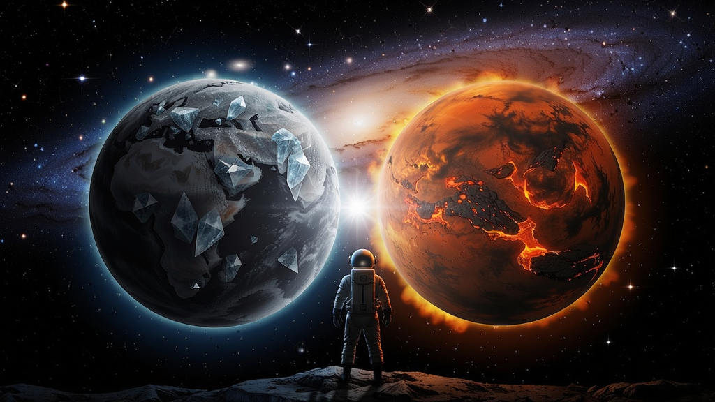 一个宇宙探险者站在冰火两颗行星的交汇点,背景是辉的星河,冰星的冰晶与火星的岩浆在光线下交织