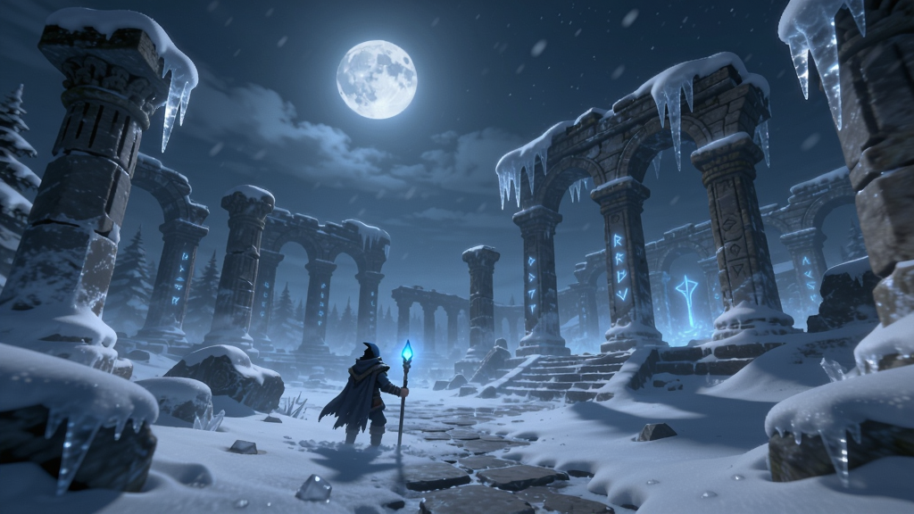 雪域游戏场景,冰雪覆盖的古代废墟,月光洒落,神秘氛围