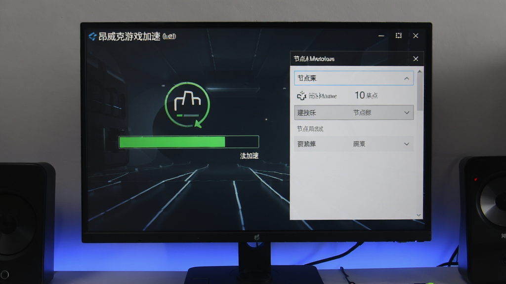 昂威克游戏加速软件界面展示,显示加速状态和节点选择