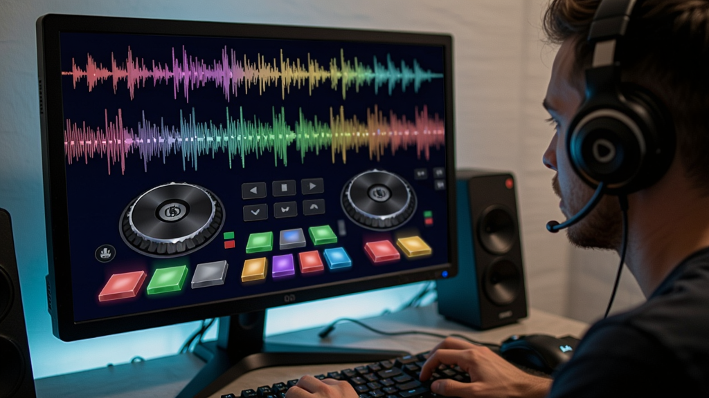 һ̨������Ļ����ʾ��DJ������Ϸ���棬��������ɫ�����ֲ��κͰ������������������û���רע����Ϸ