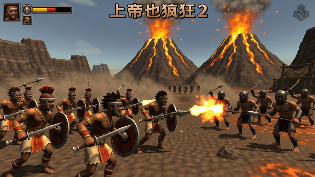 上帝也疯狂2游戏内战斗场景,部落士兵与敌方交战,火山喷发特效