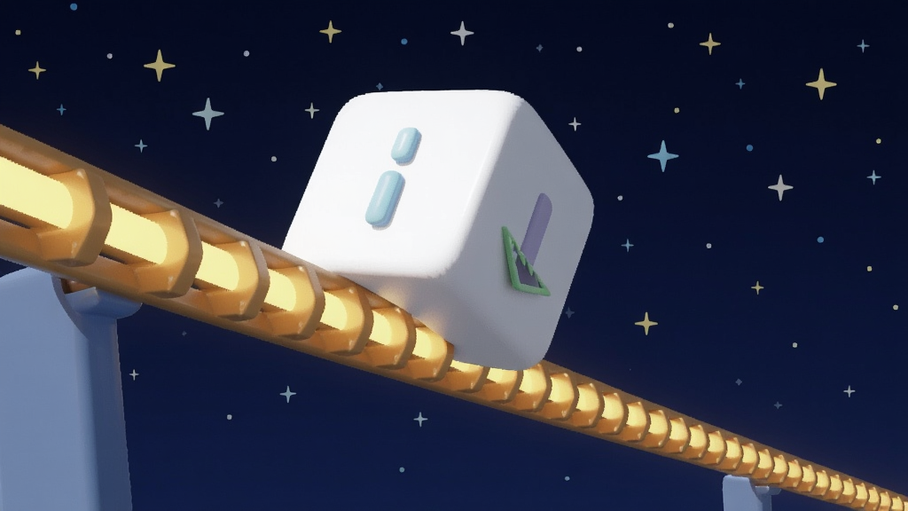 一个立方体在发光轨道上滚动,背景是星空,画面简洁明快