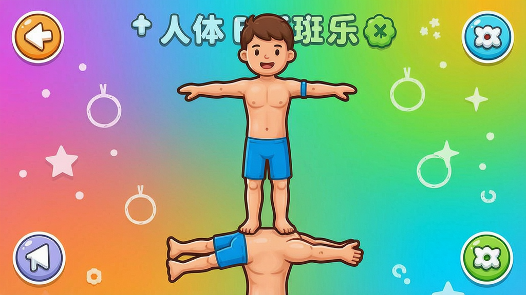 人体叠叠乐游戏界面,一个人体模型堆叠在另一个之上,背景为渐变色,卡通风格