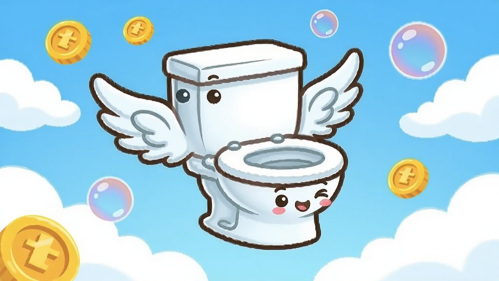 一个可爱的卡通马桶带着翅膀在蓝天白云中飞行,周围有金币和彩色泡泡