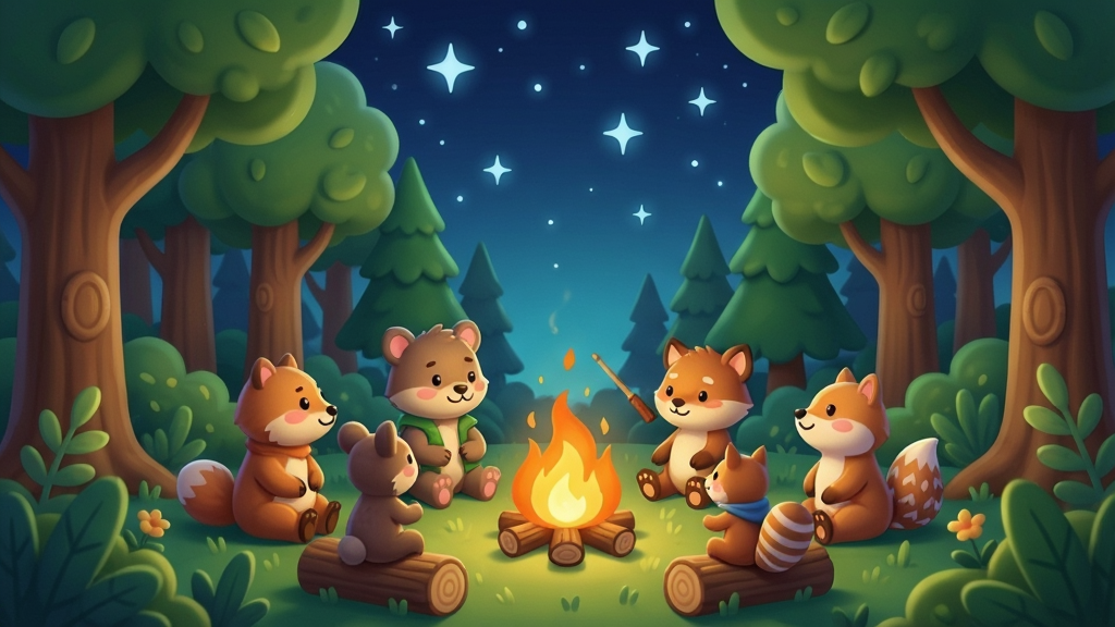 一个充满童趣的卡通森林场景,小动物们围坐在篝火旁听故事,星空璀璨