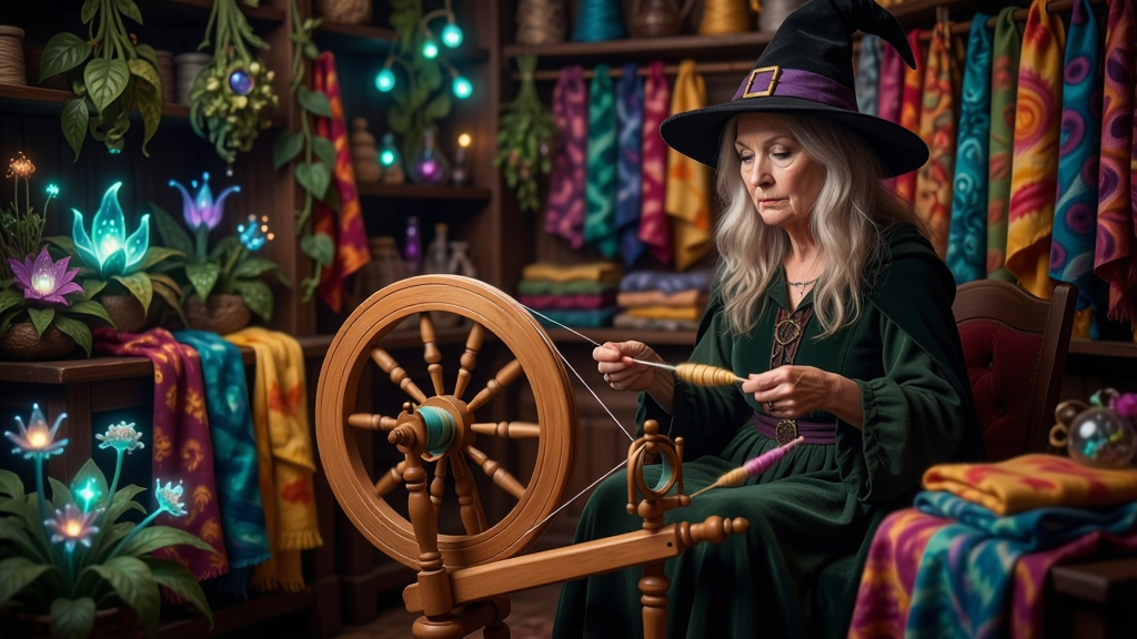 女巫在魔法纺织店里用纺车纺线,周围有各种魔法植物和五彩斑的布料,画面奇幻温馨