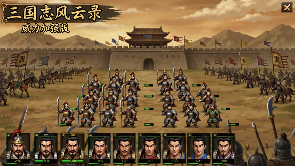 三国志风云录威力加强版游戏主界面截图,武将排兵布阵场景,古风战场背景