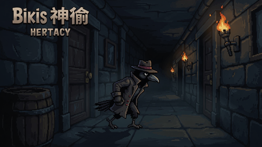乌鸦神偷的遗产游戏截图,主角在阴暗的走廊中潜行,画面充满神秘氛围