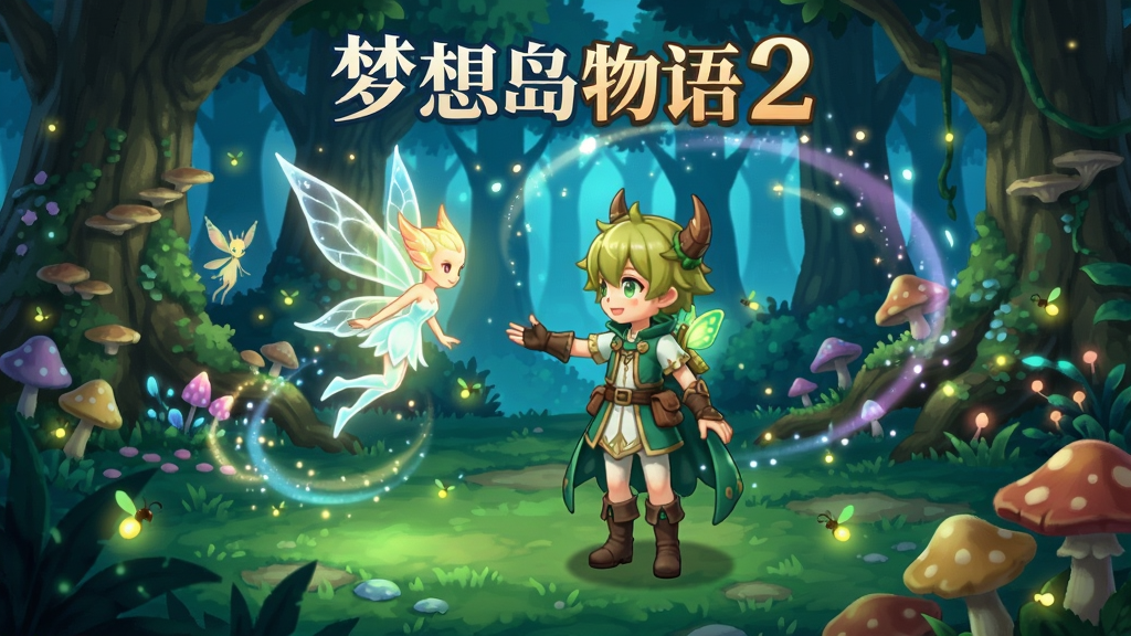 梦想岛物语2游戏场景展示,主角在梦幻森林中与发光的精灵互动,周围有萤火虫和魔法光效