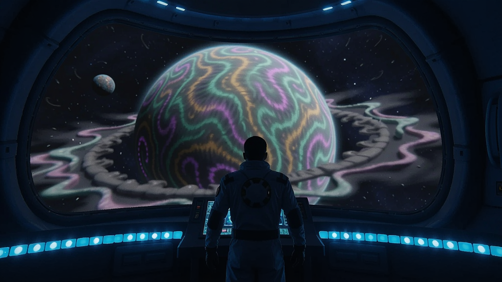 一颗神秘的迷幻行星,太空站内的蓝色光节的玩家的背影