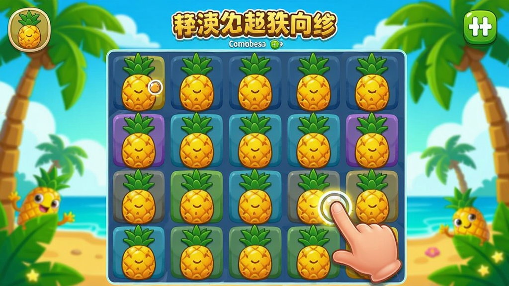 一款菠萝主题的休闲消除游戏,充满卡通风格,彩色菠萝方块排列整齐,玩家用手指点击相同图案,背景明亮活泼