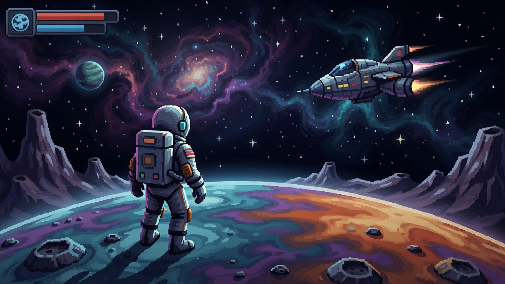 神秘星球游戏场景,宇航员站在彩色星球表面,远方有星云和飞船