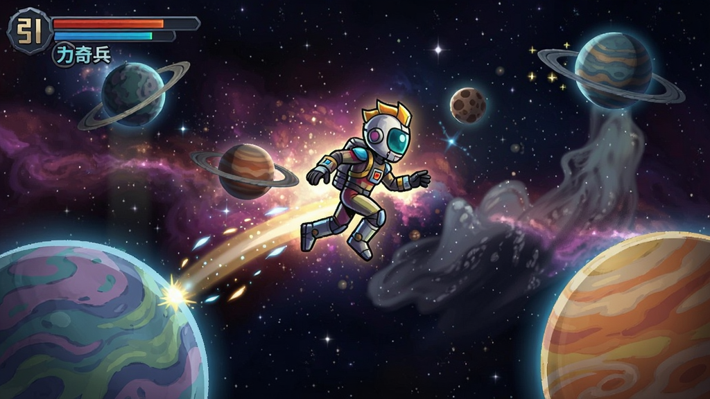 引力奇兵游戏截图,主角在彩色星球之间跳跃,背景是浩瀚星空,画面色彩丰富
