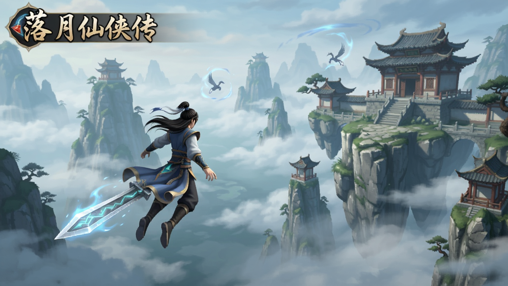 落月仙侠传游戏场景,仙侠世界云雾缭绕的山峰与古风建筑,主角御剑飞行